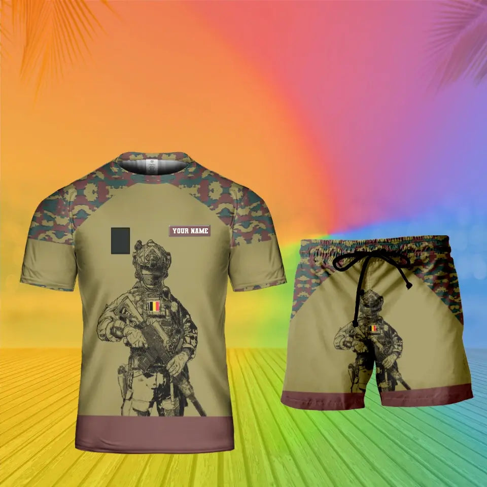 T-shirt personnalisé avec camouflage soldat/vétéran belge avec nom et grade combinés + short imprimés en 3D - 19Mar2401