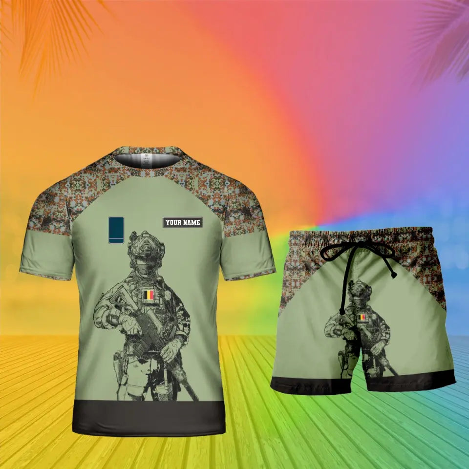 Personalized Belgium Soldier/ Veteran Camo With Name And Rank Combo T-Shirt + Short 3D Printed  - 19Mar2401