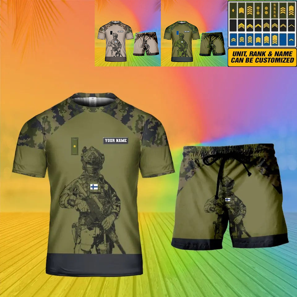 T-shirt personnalisé avec camouflage soldat/vétéran finlandais avec nom et grade + short imprimés en 3D - 19Mar2401