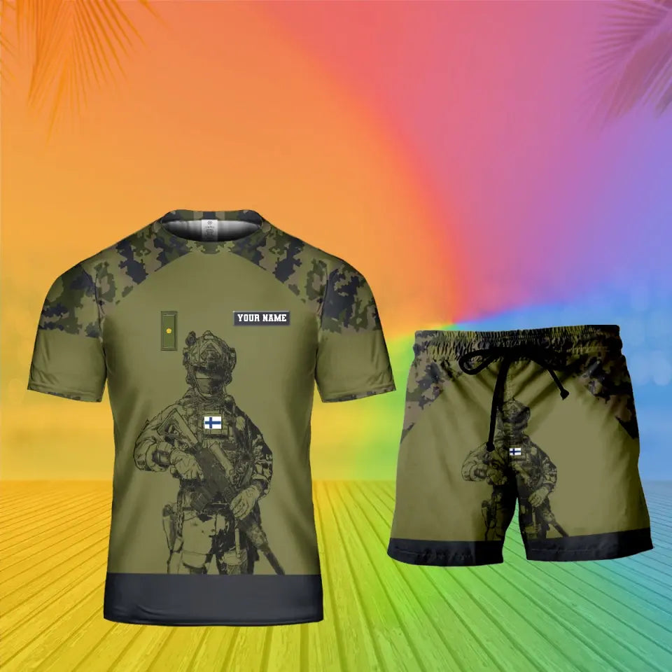 T-shirt personnalisé avec camouflage soldat/vétéran finlandais avec nom et grade + short imprimés en 3D - 19Mar2401