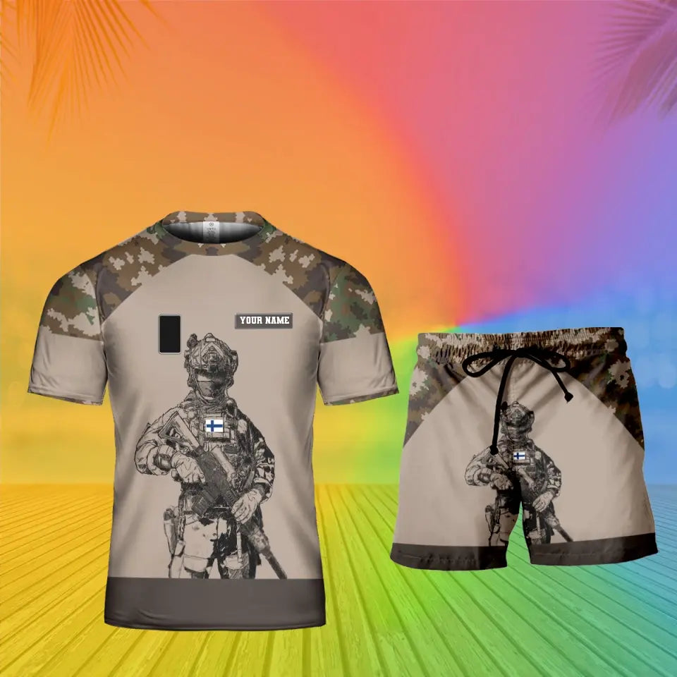 T-shirt personnalisé avec camouflage soldat/vétéran finlandais avec nom et grade + short imprimés en 3D - 19Mar2401