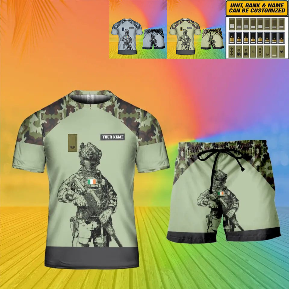 T-shirt personnalisé avec camouflage soldat/vétéran irlandais avec nom et grade + short imprimé en 3D - 19Mar2401