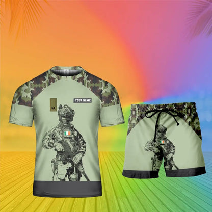 T-shirt personnalisé avec camouflage soldat/vétéran irlandais avec nom et grade + short imprimé en 3D - 19Mar2401