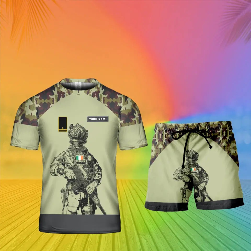 Personalisiertes irisches Soldaten-/Veteranen-Tarnmuster mit Namen und Rang, Kombi-T-Shirt + Short, 3D-Druck – 19Mar2401