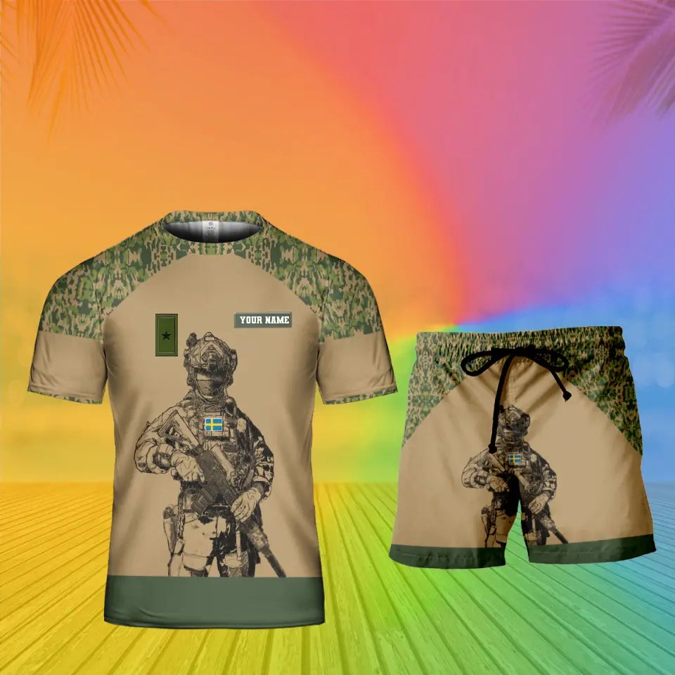 T-shirt personnalisé avec camouflage soldat/vétéran suédois avec nom et grade + short imprimé en 3D - 19Mar2401