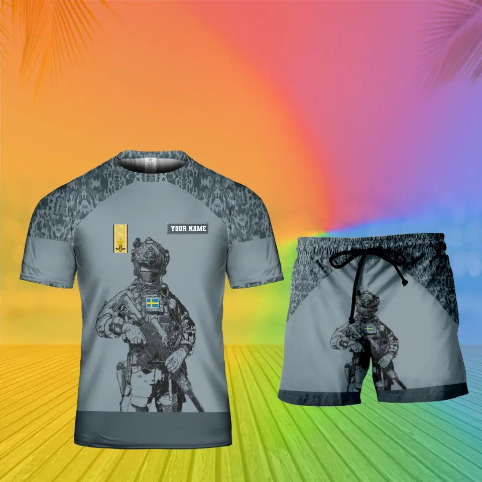 Personalized Sweden Soldier/ Veteran Camo With Name And Rank Combo T-Shirt + Short 3D Printed  - 19Mar2401