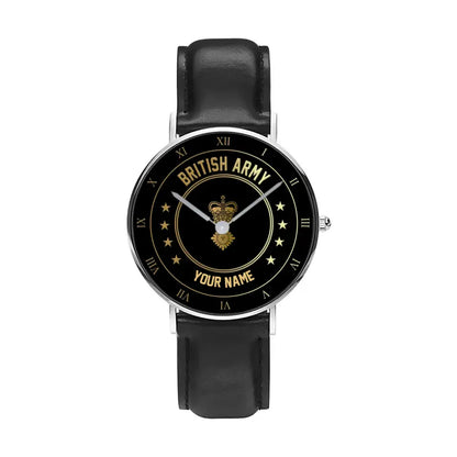 Montre personnalisée en cuir noir avec coutures noires pour soldat/vétéran du Royaume-Uni avec nom et grade - 2003240001 - Version dorée