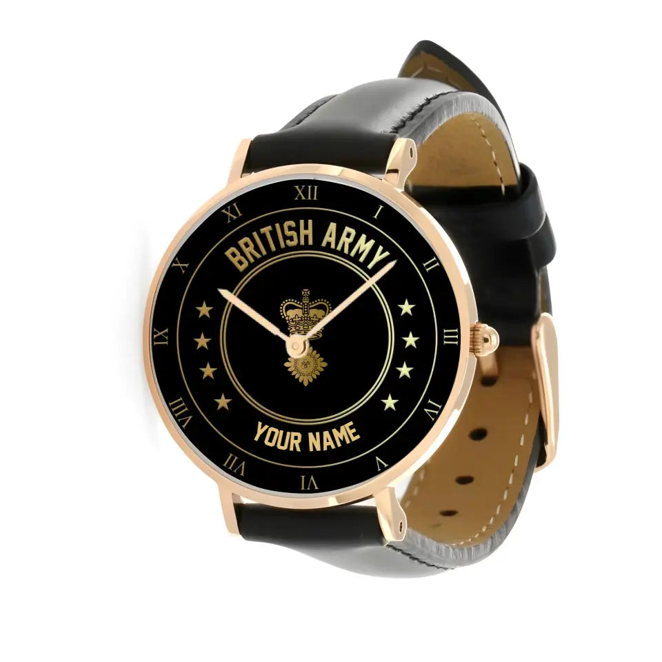 Montre personnalisée en cuir noir avec coutures noires pour soldat/vétéran du Royaume-Uni avec nom et grade - 2003240001 - Version dorée