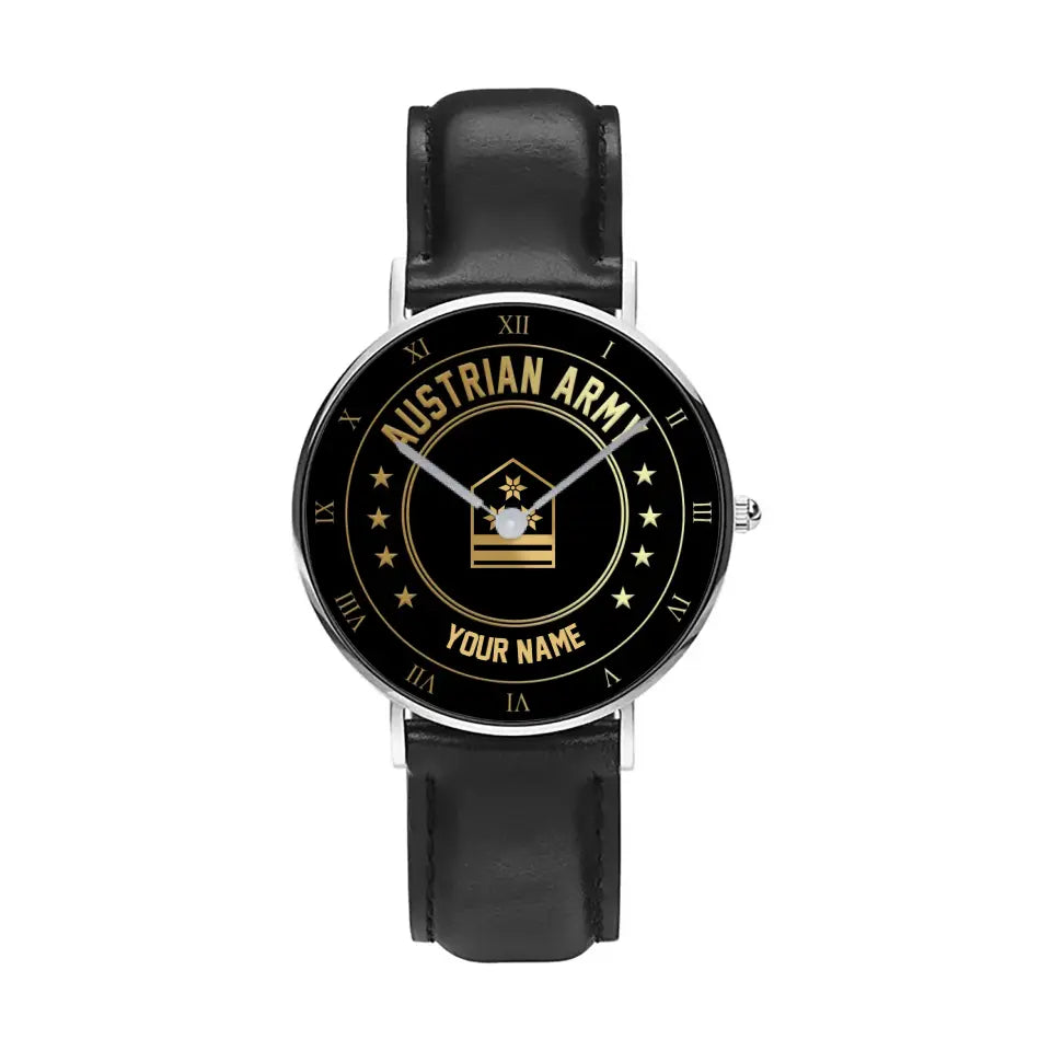 Personalisierte österreichische Soldat/Veteran mit Namen und Rang schwarze genähte Lederuhr - 2003240001 - Goldversion