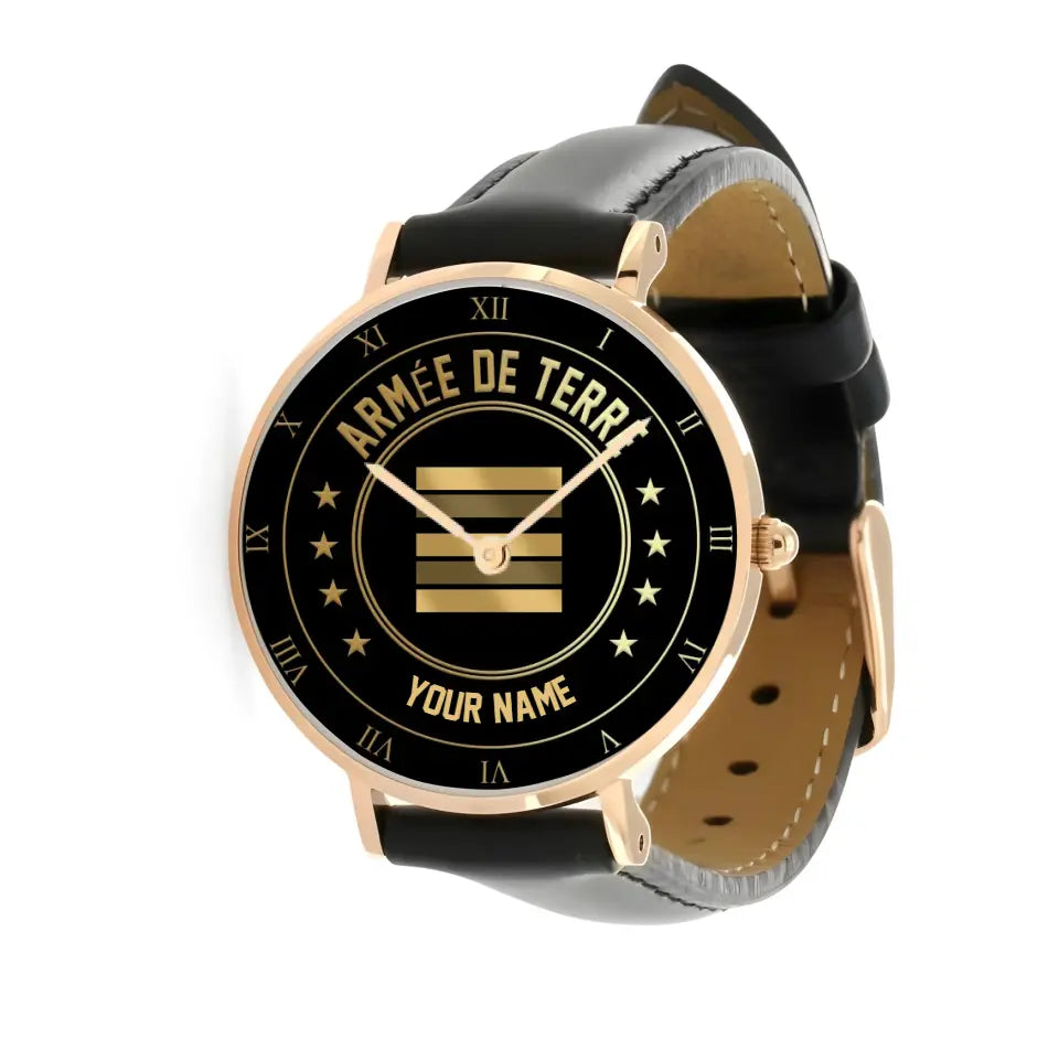 Personalisierte französische Soldat/Veteran mit Namen und Rang, schwarze genähte Lederuhr – 2003240001 – goldene Version