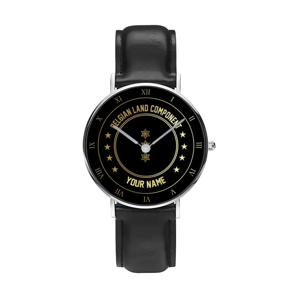 Personalized Belgium Soldier/ Veteran With Name And Rank Black Stitched Leather Watch - 2003240001 - Gold Version