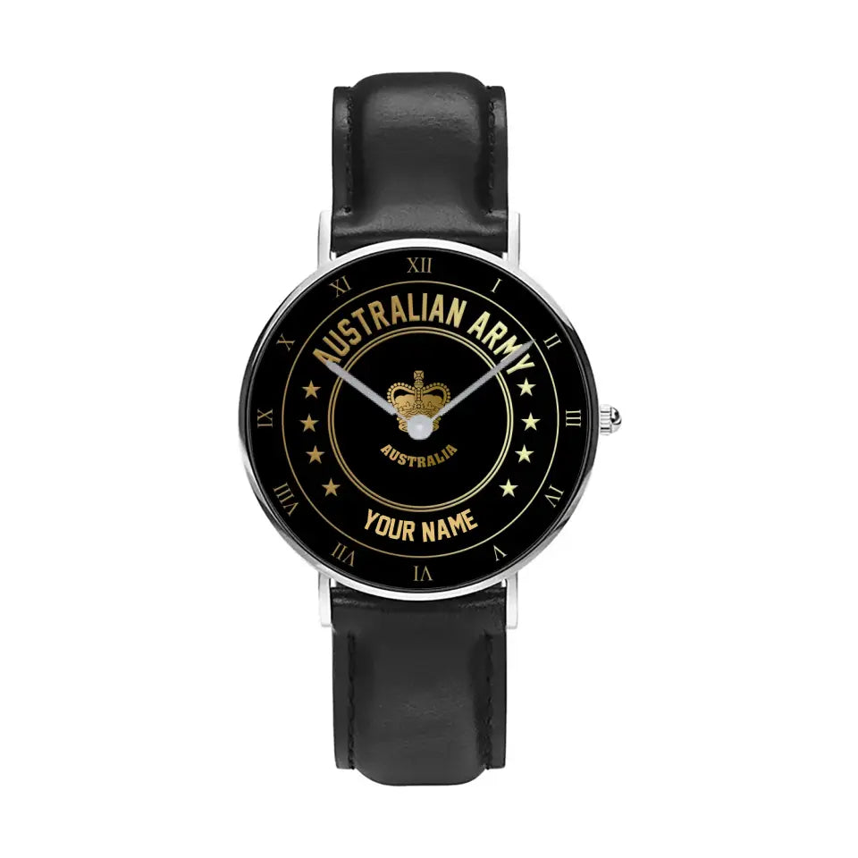 Personalisierte australische Soldat/Veteran mit Namen und Rang schwarze genähte Lederuhr – 2003240001 – goldene Version