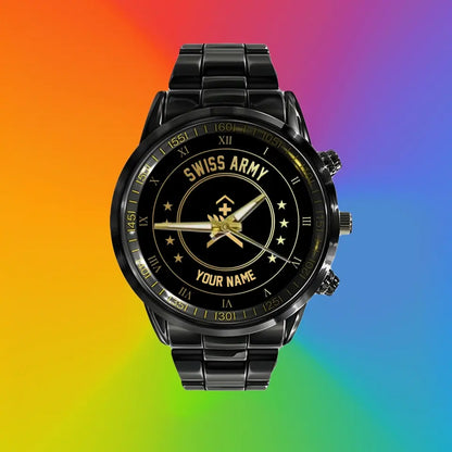 Personalized Swiss Soldier/ Veteran With Name And Rank Black Stainless Steel Watch - 2003240001 - Gold Version