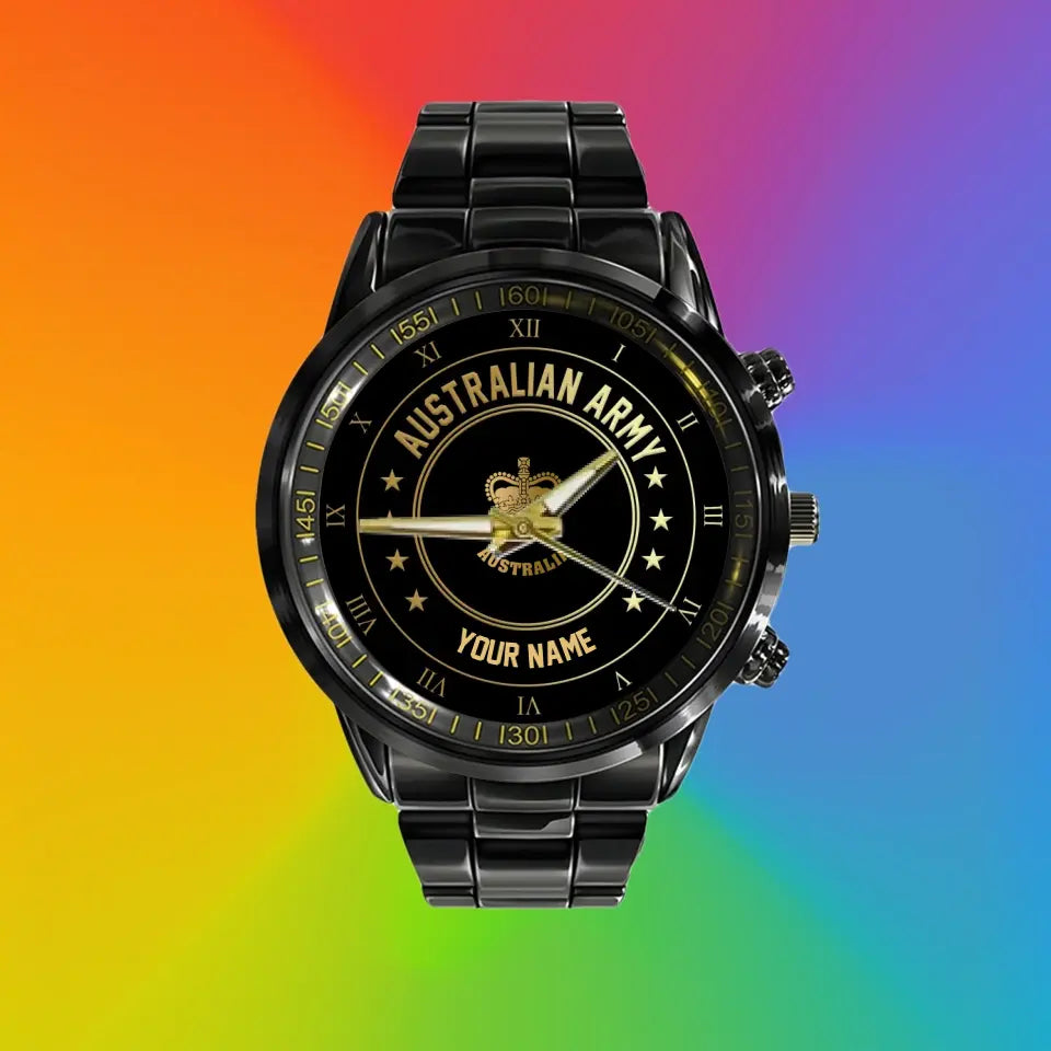 Personalized Australian Soldier/ Veteran With Name And Rank Black Stainless Steel Watch - 2003240001 - Gold Version