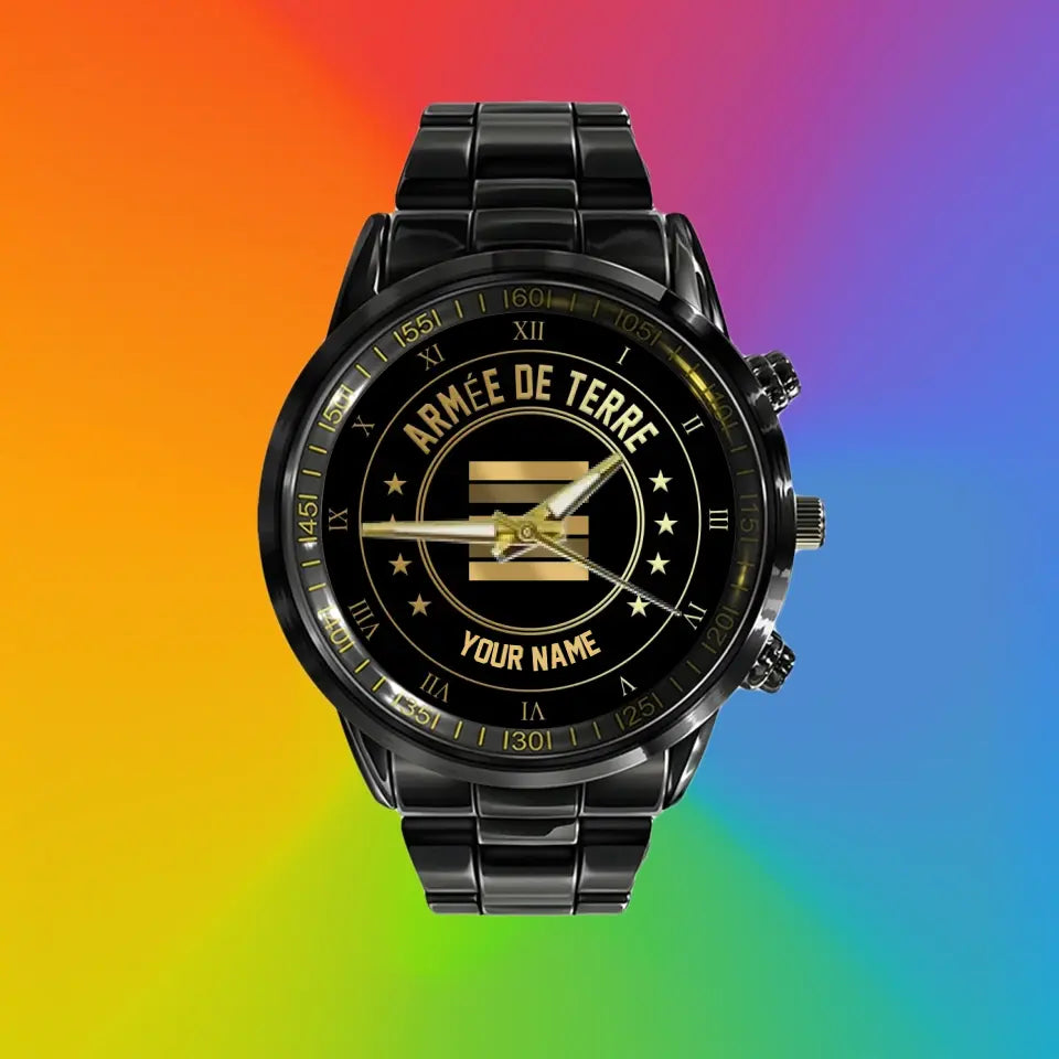 Montre Personnalisée Soldat/Vétéran France Avec Nom Et Grade En Acier Inoxydable Noir - 2003240001 - Version Or