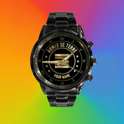 Montre Personnalisée Soldat/Vétéran France Avec Nom Et Grade En Acier Inoxydable Noir - 2003240001 - Version Or