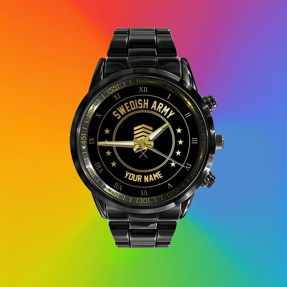 Personalized Sweden Soldier/ Veteran With Name And Rank Black Stainless Steel Watch - 2003240001 - Gold Version