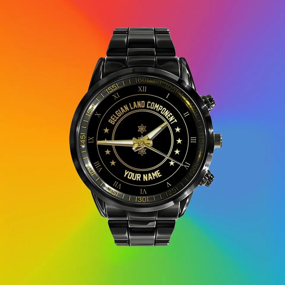 Personalized Belgium Soldier/ Veteran With Name And Rank Black Stainless Steel Watch - 2003240001 - Gold Version