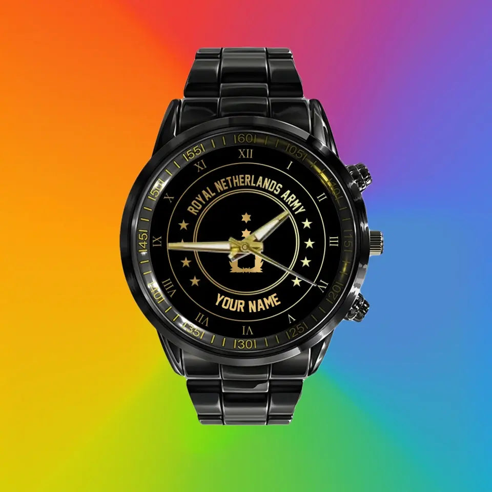 Personalized Netherlands Soldier/ Veteran With Name And Rank Black Stainless Steel Watch - 2003240001 - Gold Version