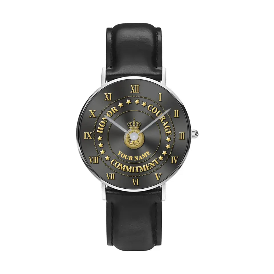 Montre personnalisée en cuir noir avec coutures noires pour soldat/vétéran des Pays-Bas - 2203240001 - Version dorée