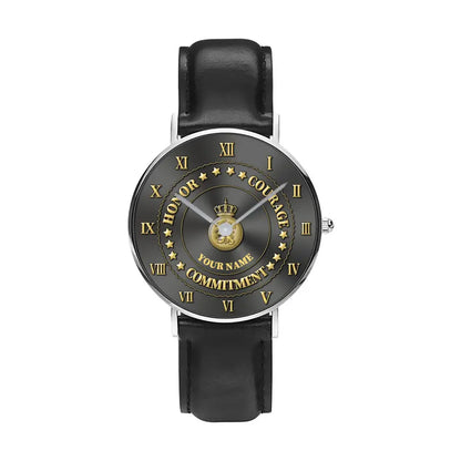 Montre personnalisée en cuir noir avec coutures noires pour soldat/vétéran des Pays-Bas - 2203240001 - Version dorée