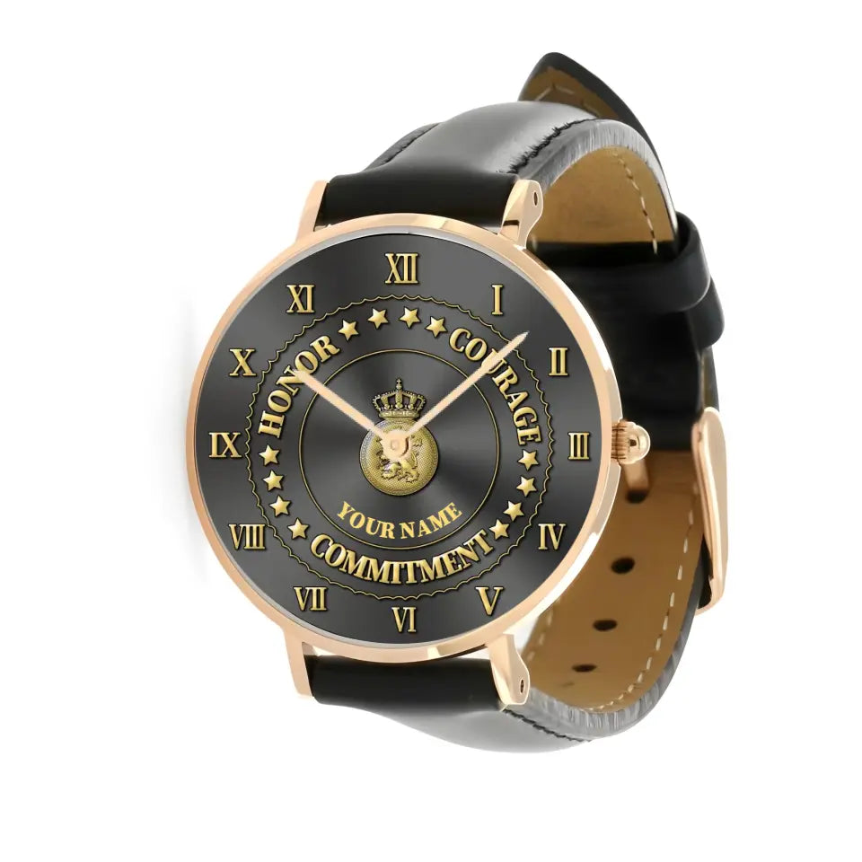 Montre personnalisée en cuir noir avec coutures noires pour soldat/vétéran des Pays-Bas - 2203240001 - Version dorée