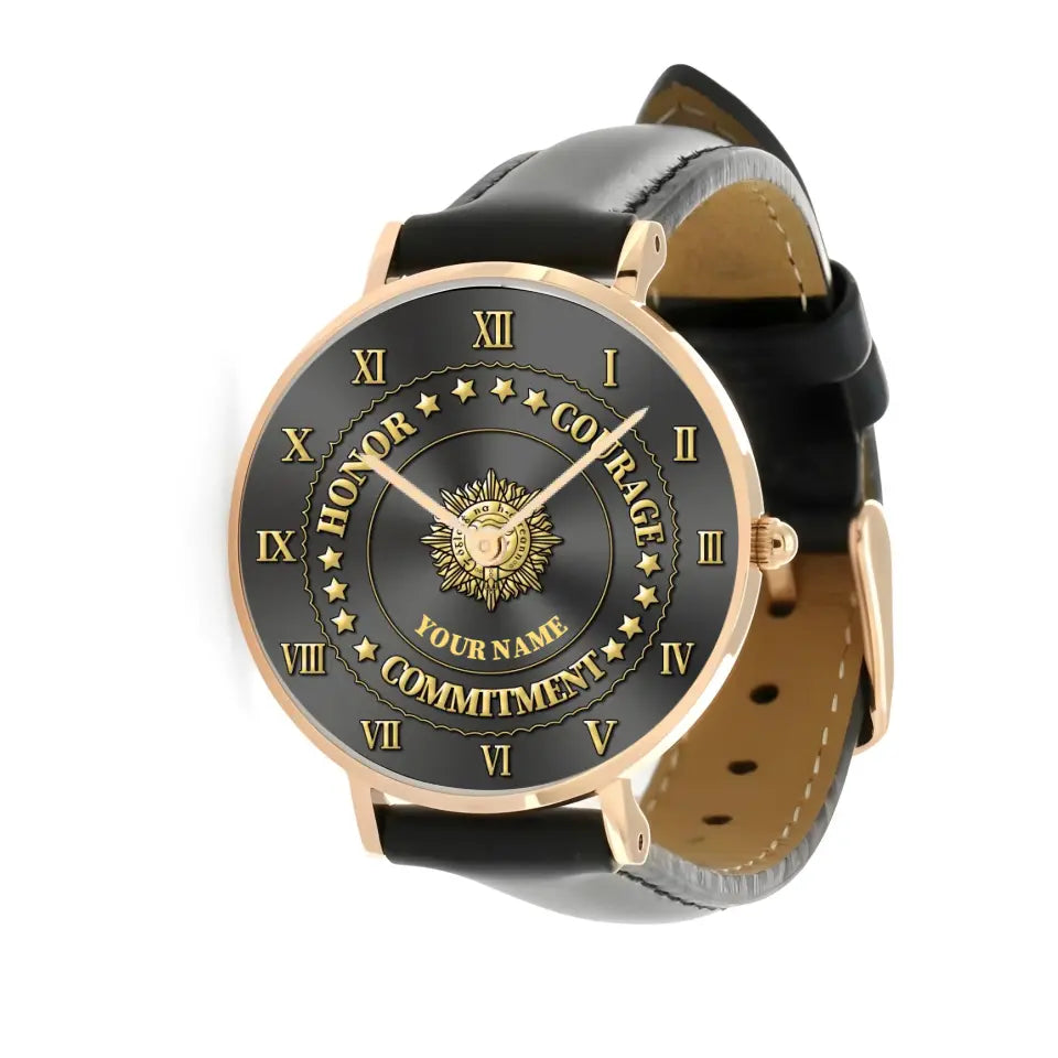 Personalisierte irische Soldat/Veteran mit Namen, schwarze genähte Lederuhr – 2203240001 – goldene Version