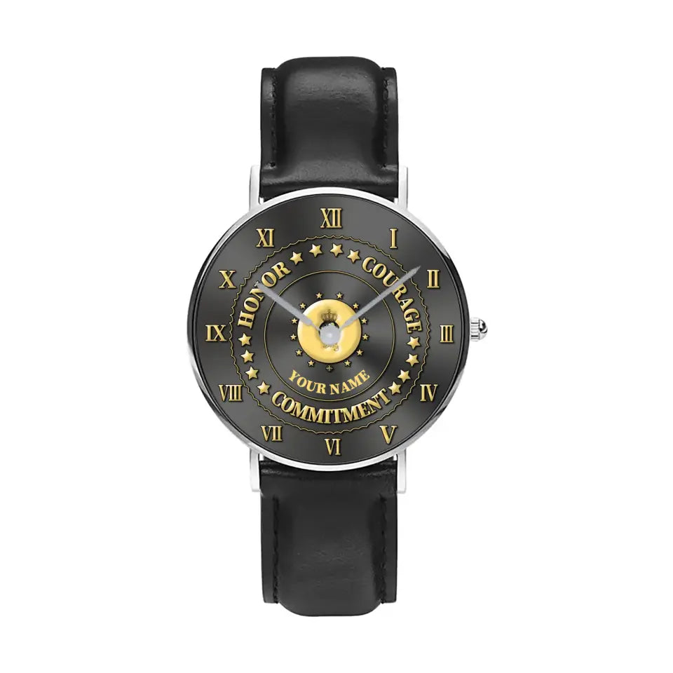 Montre personnalisée en cuir noir avec surpiqûres pour soldat/vétéran belge - 2203240001 - Version dorée