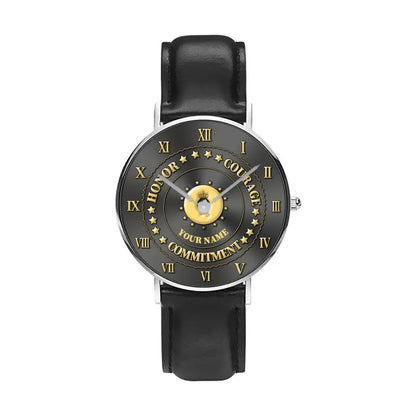 Personalized Belgium Soldier/ Veteran With Name Black Stitched Leather Watch - 2203240001 - Gold Version