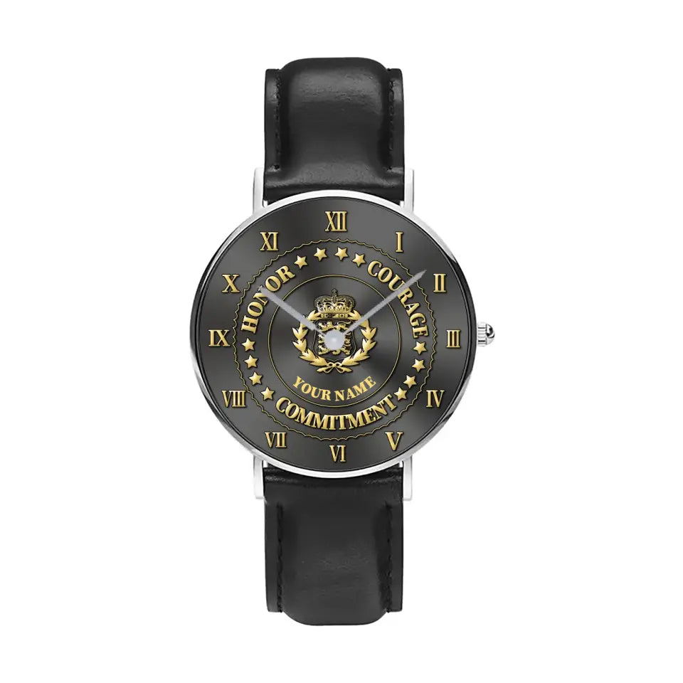 Montre personnalisée en cuir noir avec coutures noires pour soldat/vétéran du Danemark - 2203240001 - Version dorée