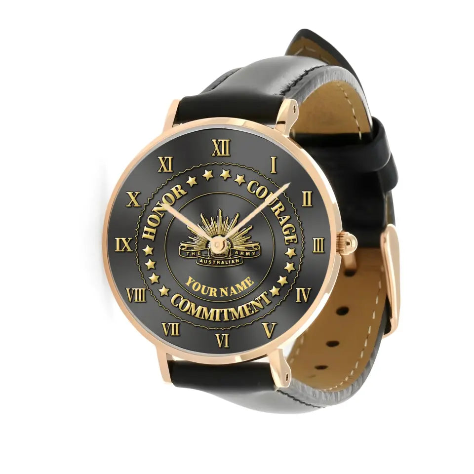 Personalized Australian Soldier/ Veteran With Name Black Stitched Leather Watch - 2203240001 - Gold Version