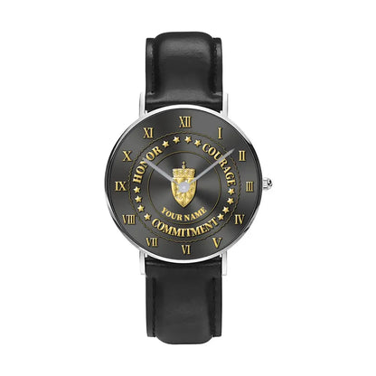 Montre personnalisée en cuir noir avec coutures noires pour soldat/vétéran norvégien - 2203240001 - Version dorée