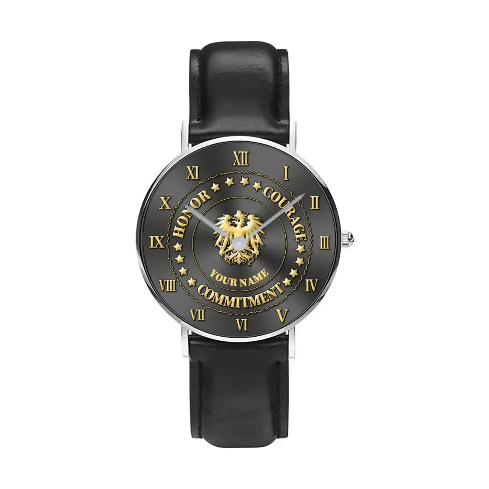 Montre personnalisée en cuir noir avec coutures noires pour soldat/vétéran autrichien - 2203240001 - Version dorée