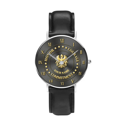 Personalisierte österreichische Soldat/Veteran mit Namen schwarze genähte Lederuhr - 2203240001 - Goldversion