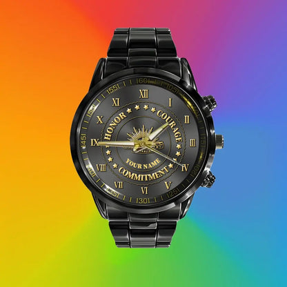 Montre personnalisée en acier inoxydable noir avec nom de soldat/vétéran australien - 2203240001 - Version dorée