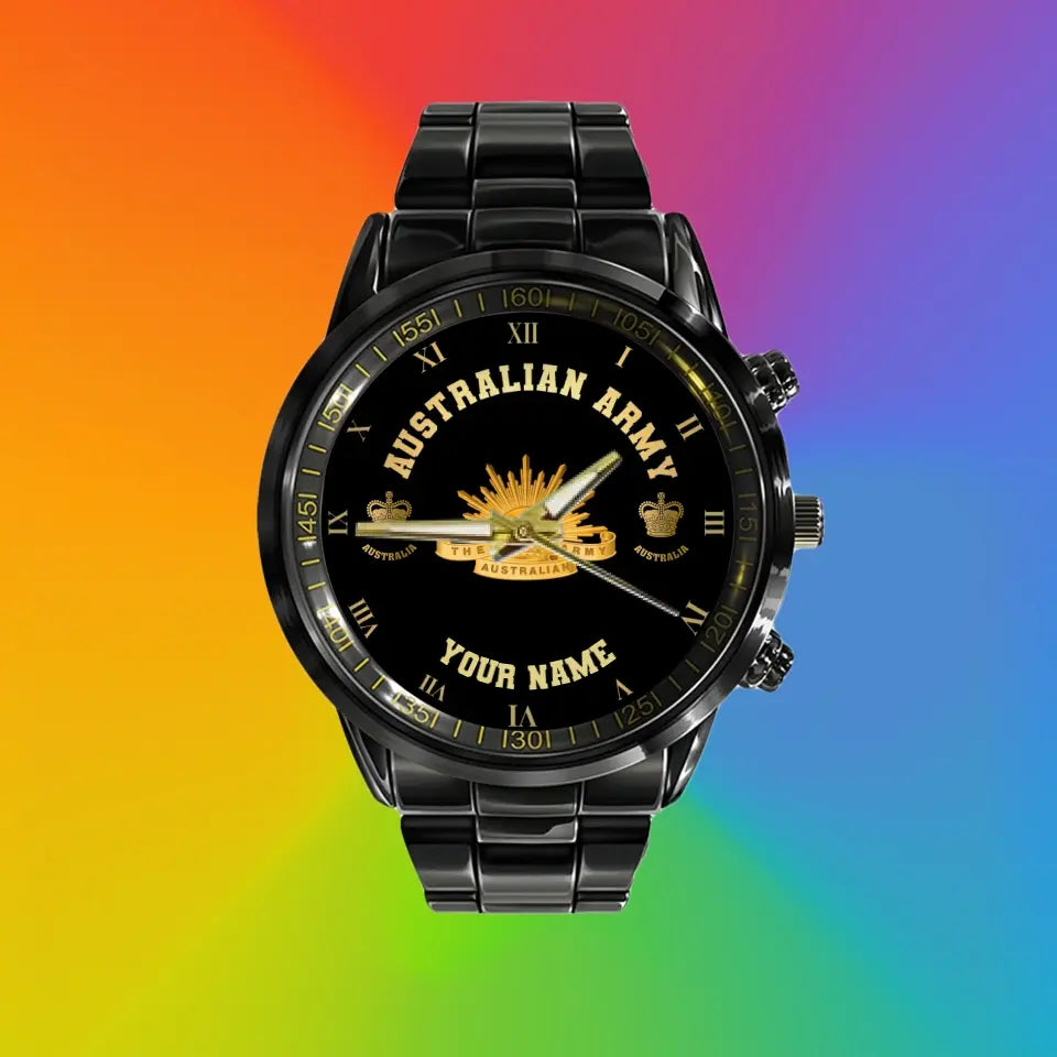 Personalisierte australische Soldat/Veteran mit Namen und Rang schwarze Edelstahluhr - 0803240001 - Goldversion