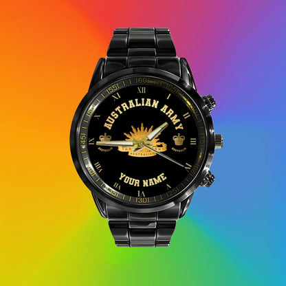 Personalisierte australische Soldat/Veteran mit Namen und Rang schwarze Edelstahluhr - 0803240001 - Goldversion