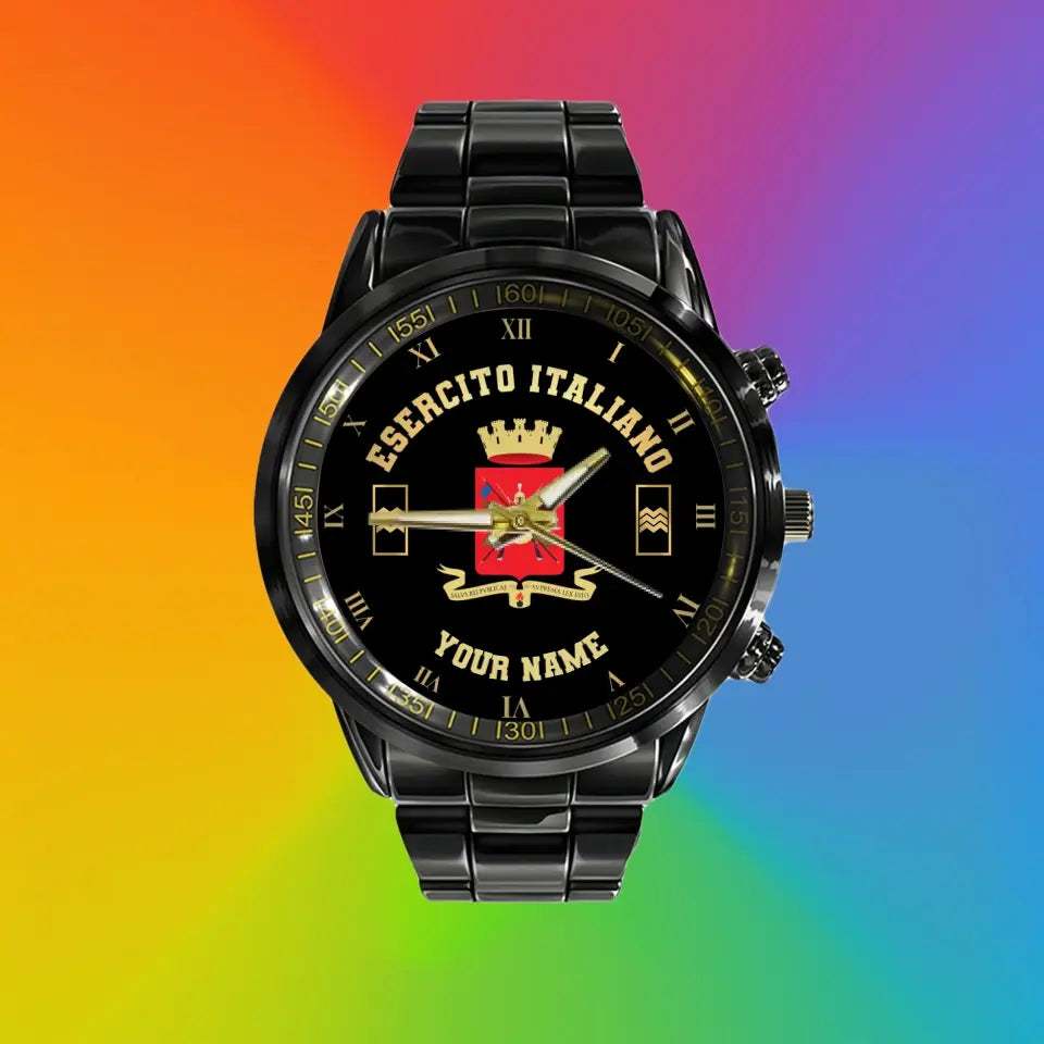 Personalized Italy Soldier/ Veteran With Name And Rank  Black Stainless Steel Watch - 0803240001 - Gold Version