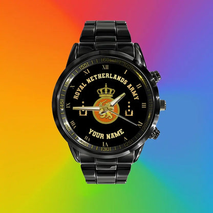 Personalized Netherlands Soldier/ Veteran With Name And Rank  Black Stainless Steel Watch - 0803240001 - Gold Version