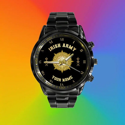 Montre personnalisée en acier inoxydable noir pour soldat/vétéran irlandais avec nom et grade - 0803240001 - Version dorée