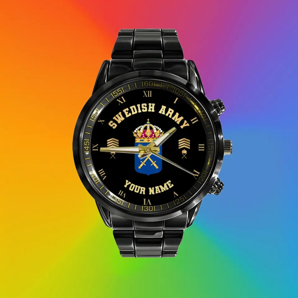 Personalized Sweden Soldier/ Veteran With Name  And Rank Black Stainless Steel Watch - 0803240001 - Gold Version