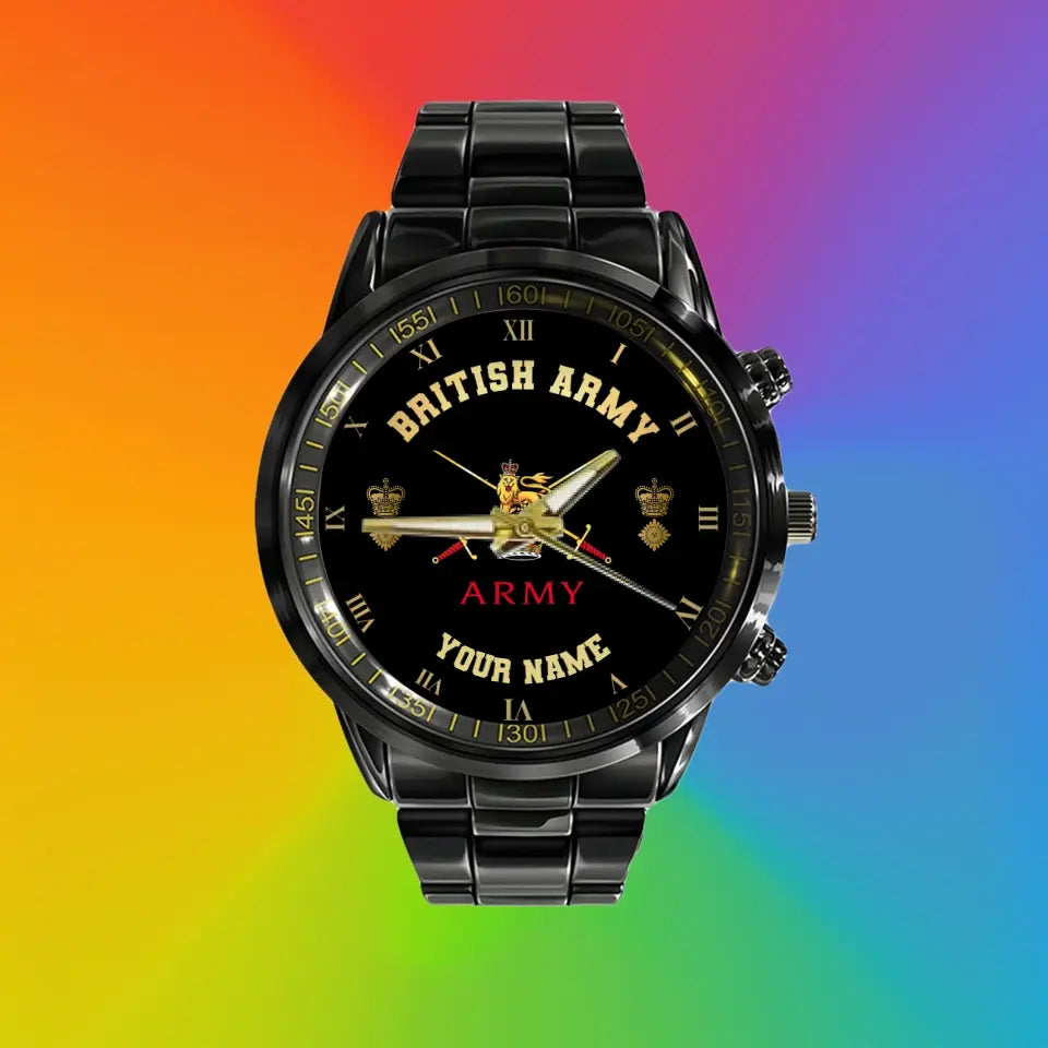 Personalized UK Soldier/ Veteran With Name And Rank Black Stainless Steel Watch - 0803240001 - Gold Version