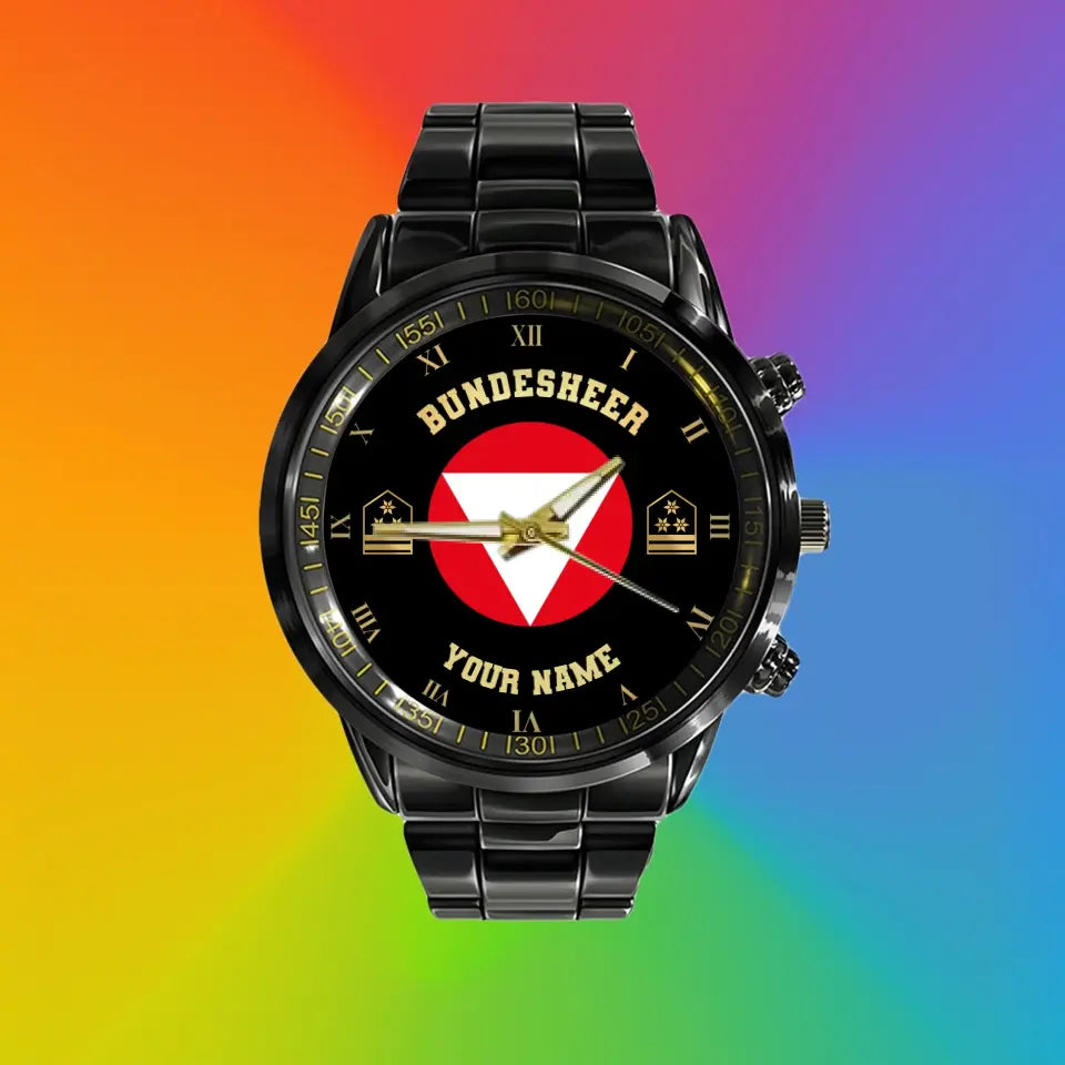 Personalized Austrian Soldier/ Veteran With Name And Rank Black Stainless Steel Watch - 0803240001 - Gold Version