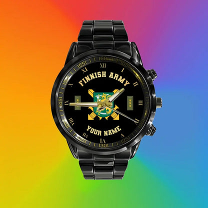 Personalized Finland Soldier/ Veteran With Name And Rank Black Stainless Steel Watch - 0803240001 - Gold Version