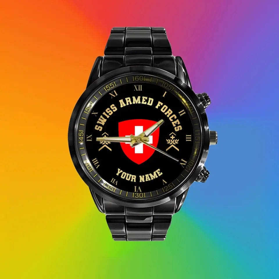 Personalized Swiss Soldier/ Veteran With Name And Rank Black Stainless Steel Watch - 0803240001 - Gold Version