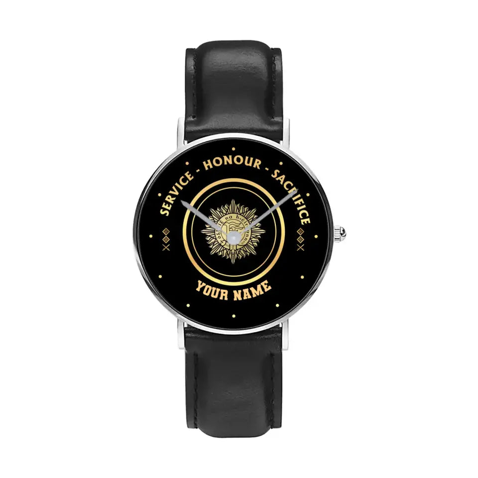 Montre personnalisée en cuir noir avec coutures noires pour soldat/vétéran irlandais avec nom et grade - 2603240001 - Version dorée