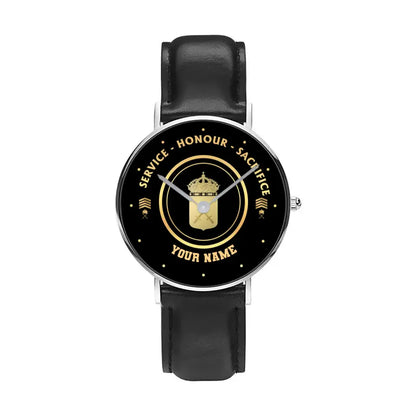 Personalisierte schwedische Soldat/Veteran mit Namen, Rang, schwarze genähte Lederuhr – 2603240001 – goldene Version