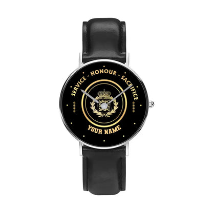 Personalisierte dänische Soldat/Veteran mit Namen, Rang, schwarze genähte Lederuhr – 2603240001 – goldene Version