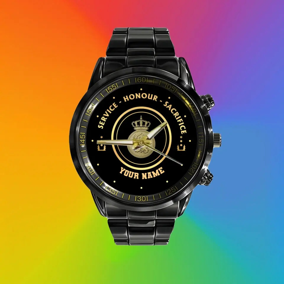 Montre personnalisée en acier inoxydable noir pour soldat/vétéran des Pays-Bas avec nom et grade - 2603240001 - Version dorée