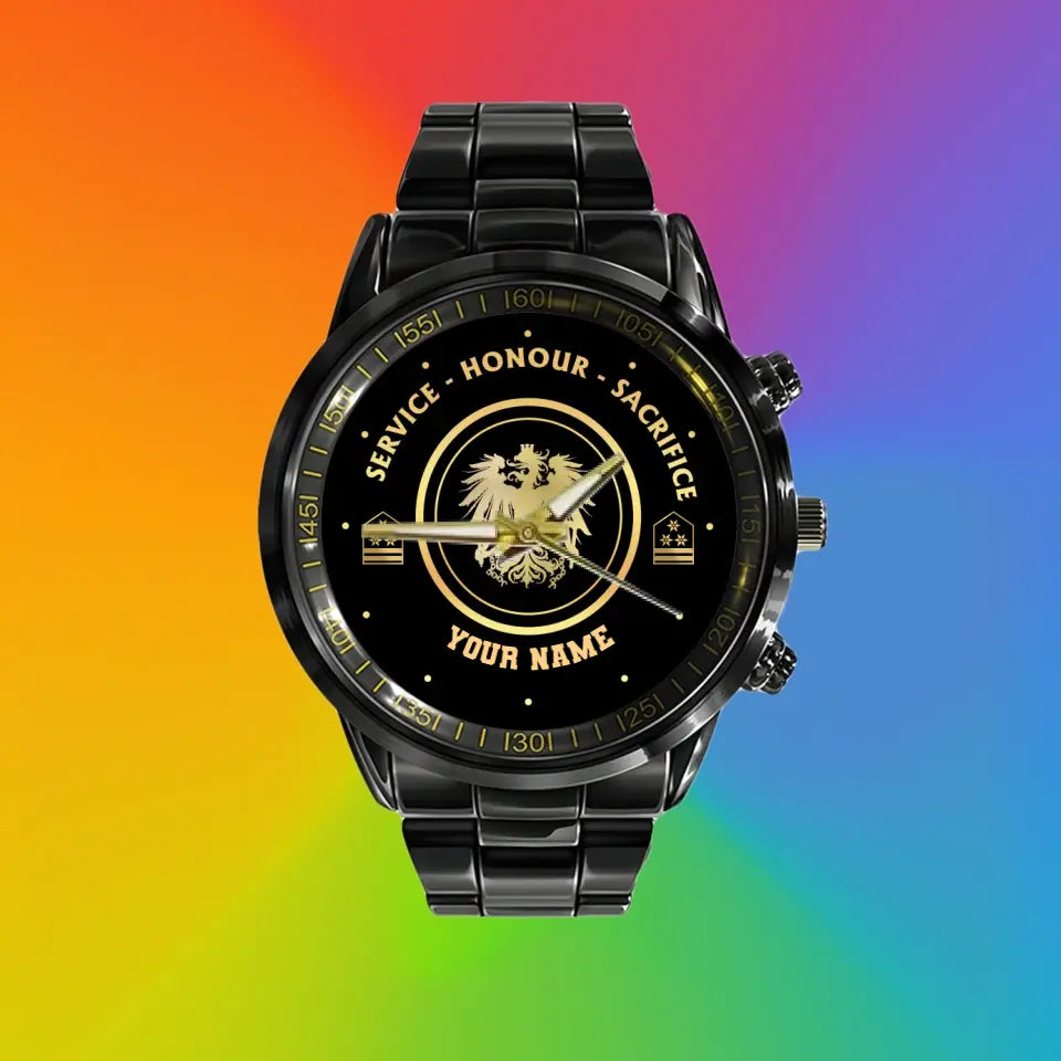 Personalisierte österreichische Soldat/Veteran mit Namen und Rang schwarze Edelstahluhr - 2603240001 - Goldversion